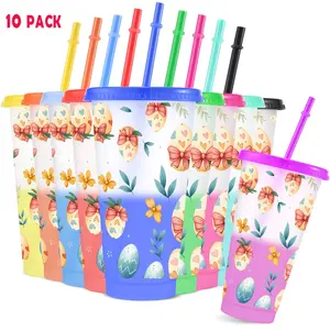 10pcs/24oz/710ml/Plastic Tumblers,Color Changing Cups With Lids And Straws,Water Bottle,Iced Coffee Cups,Easter Pattern Design Perfect For Family And Friend Gatherings,Ideal choice for birthday celebration,Valentine's Day Gifts,Easter gifts
