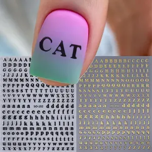 2 Sheets Minimalist Alphabet Nail Stickers, Uppercase Lowercase English Text Nail Decals, Self-Adhesive DIY Nail Art Decorations, Metallic Finish, Nail Art Design