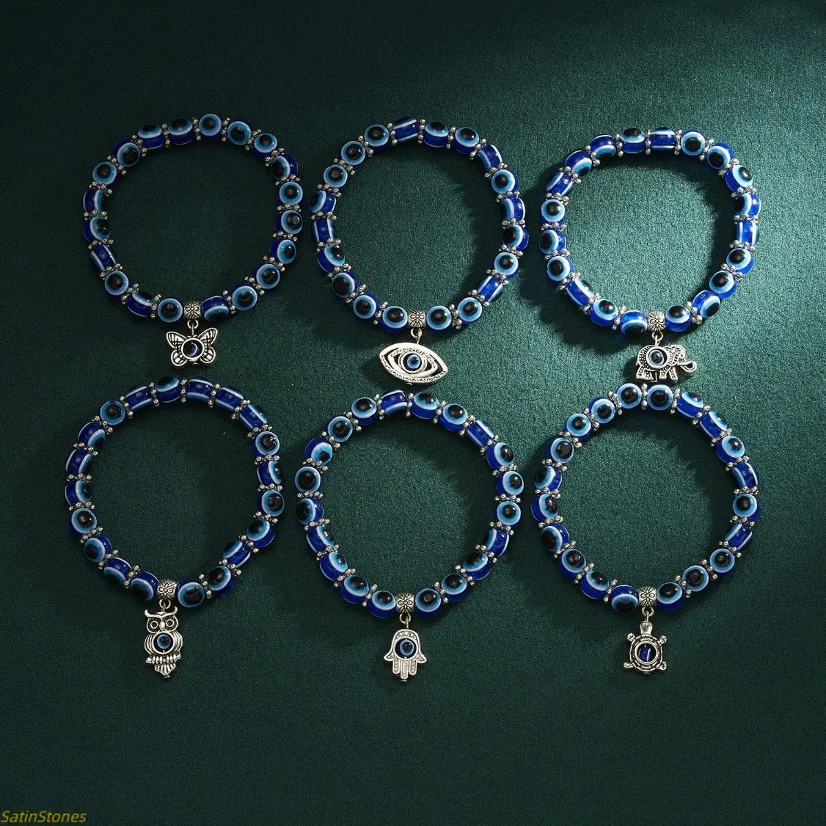 Women's SatinStones 2026 Elastic Bangle - Bracelet Accessories, Turtle-Blue Eyes Butterfly Pendant, Unique Charms Beaded Bracelet Set for Daily Wear