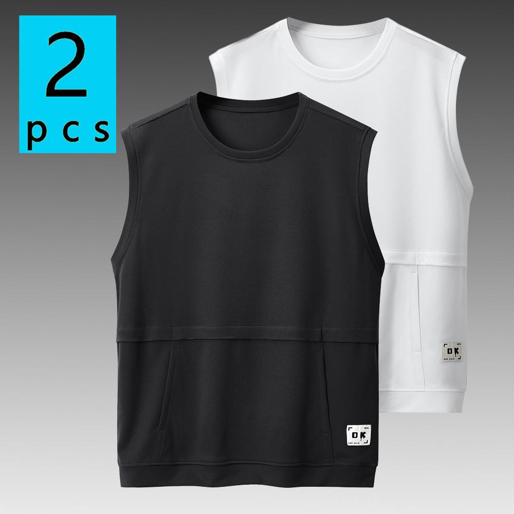 Pack of 2: summer men’s casual sleeveless tank top; lightweight sports/outdoor running fitness wear; men’s tank top T-shirt with pockets; bright colors; versatile solid-color crew-neck sleeveless tank top.
