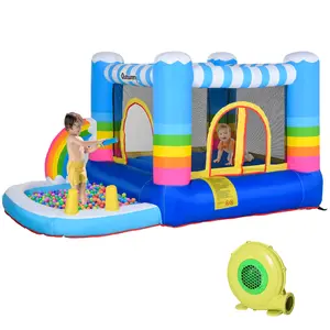 Bounce House with Slide Inflatable,Bouncy House for Kids Outdoor Indoor,Outsunny Inflatable Bounce House for Kids 2-in-1 Jumping Castle for Indoor Outdoor Party with Trampoline, Pool, Carry Bag & Air Blower