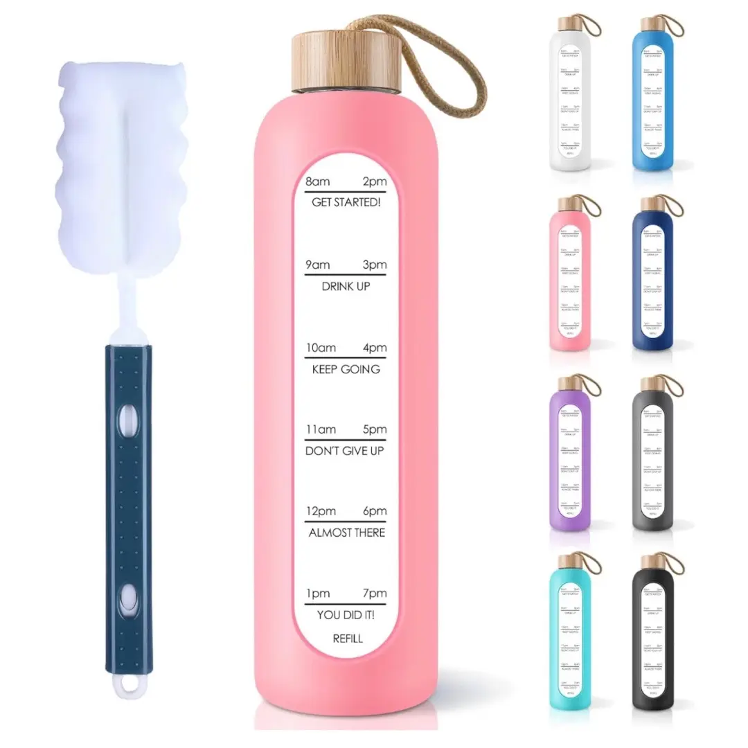 32 Oz Borosilicate Glass Water Bottle with Time Marker Reminder Quotes, Leak Proof Reusable BPA Free Motivational Water Bottles with Silicone Sleeve and Bamboo Lid