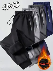 Men's Fleece Casual Pants Set of 4, Letter Drawstring and Zipper Pockets, Outdoor Leisure Sports Wear, Comfortable and Stylish, Fleece Jogging Pant