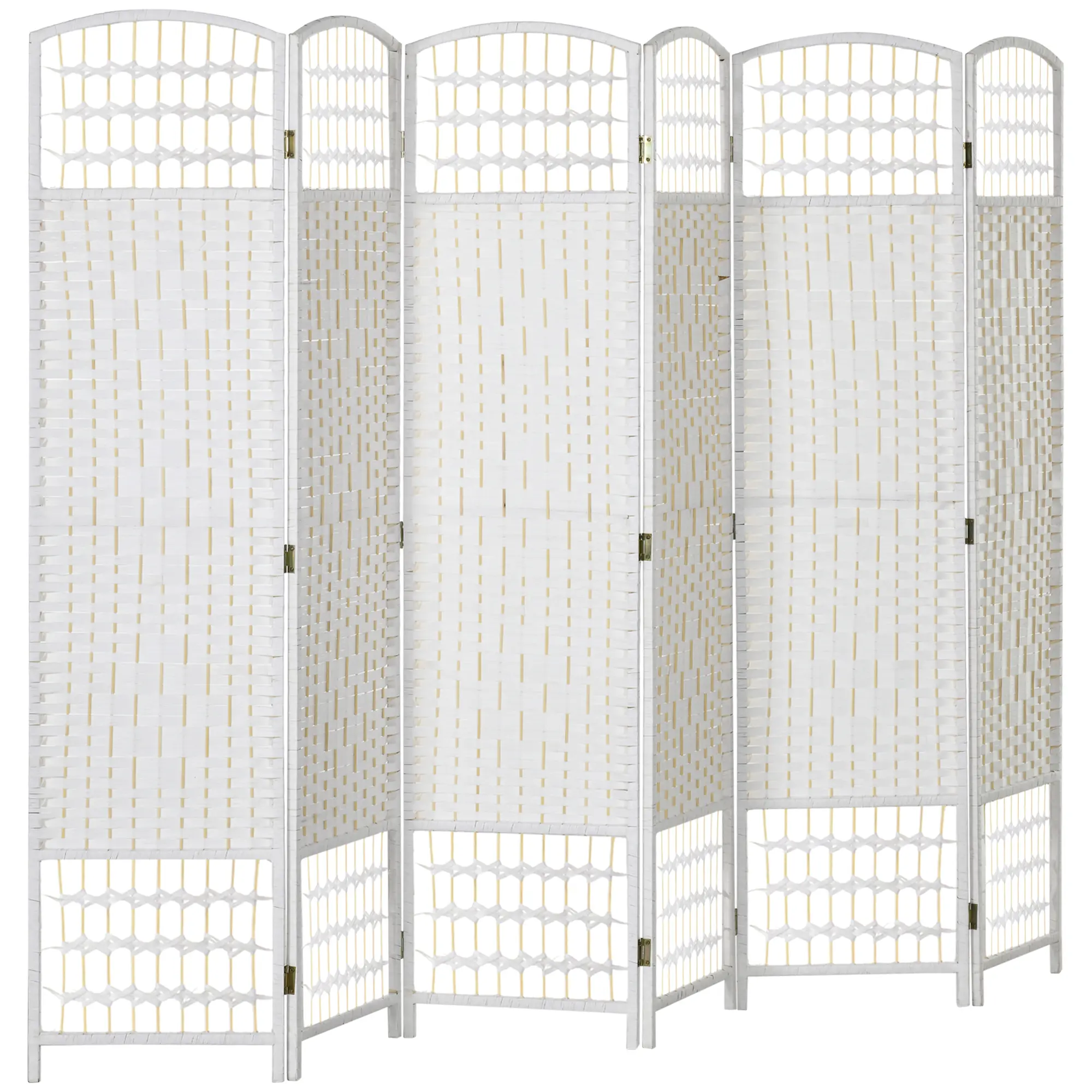 White Freestanding Privacy Screen 6 Panel Folding Room Divider with Wave Fiber Design for Home Office Bedroom Living Room, Wood Frame Arched Top, Woven Paper Rope Panels, Airflow Light Pass-Through, Folds 15.5“ Wide, No Assembly Required