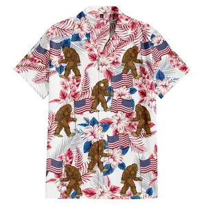 Bigfoot's Freedom Hawaiian Shirt, Patriotic American Flag Sasquatch Party Top, Funny Dabbing Sasquatch US Flag Shirt, Tropical Hibiscus Bigfoot Graphic Aloha Shirt for Adults and Youth