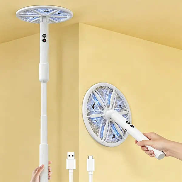 Rotating Head Electric Fly Swatter for Indoors with 16–40" Telescopic Handle, 4000V 2-in-1 UV USB Rechargeable Bug Zapper Indoor Outdoor, Fly Mosquito Zapper Killer Catcher Trap for Ceilings and Walls