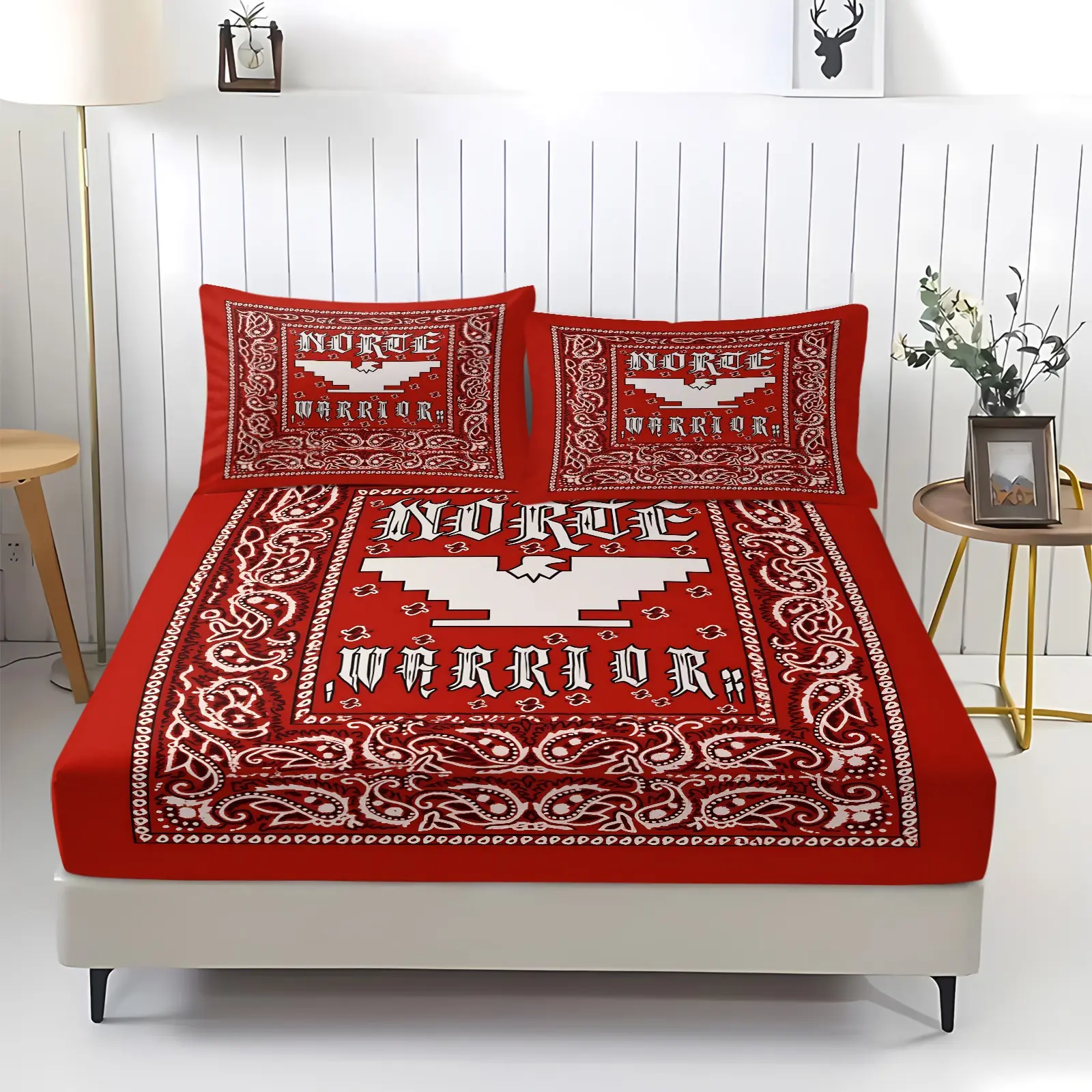 Retro Red Bandana Style Non-Slip Fitted Sheet Set, 1 Fitted Sheet + 2 Pillowcases, Norse Warrior Eagle Print Bedding, Cozy Microfiber Bed Cover for Cool Aesthetic Bedroom Decor