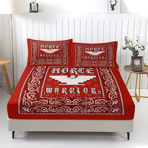 Retro Red Bandana Style Non-Slip Fitted Sheet Set, 1 Fitted Sheet + 2 Pillowcases, Norse Warrior Eagle Print Bedding, Cozy Microfiber Bed Cover for Cool Aesthetic Bedroom Decor