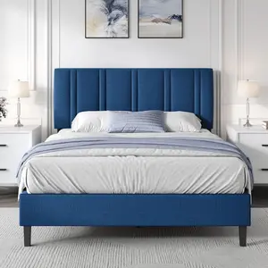 Upholstered  Frame  Headboard, Linen Fabric Platform  Frame  Tufted Headboard, No Box Spring Required, Easy Assembly, Pink/ White/ Black/ Blue, Twin/ Full/ Queen Size Floor Bed with Guardrail