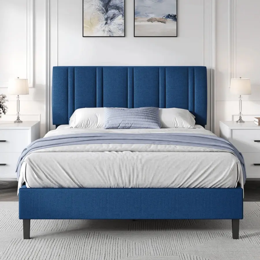 Upholstered  Frame  Headboard, Linen Fabric Platform  Frame  Tufted Headboard, No Box Spring Required, Easy Assembly, Pink/ White/ Black/ Blue, Twin/ Full/ Queen Size Floor Bed with Guardrail, Anti-Noise, Assembly Required, Classic