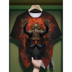 Men' Viking Warrior T-Shirt - Viking Print Short Sleeve Top with Viking & Rune Suitable for Nordic Streetwear, Casual Wear, Themed Parties, Machine Washable Bold Statement Shirt, Plus Size Available for Men, PLUS SIZE