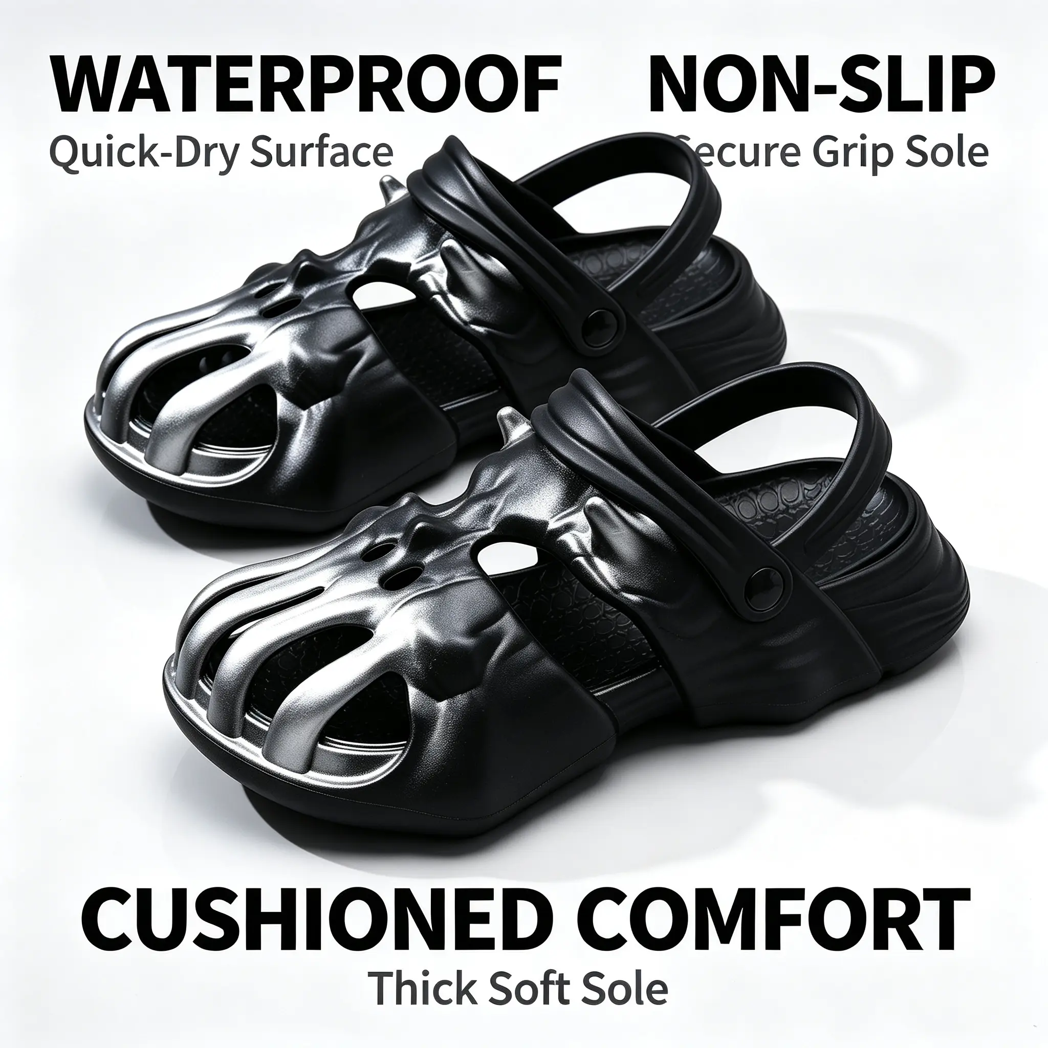 Skull Clogs for Men Women, 2 in 1 Convertible Straps Hollow Out Skeleton Sandals, EVA Non Slip Platform Slides, Gothic Weird Fashion Closed Toe Beach Slippers Boy Flatform Flipflop Footwear Shoe Walking Shoes Flatform Walking Shoes Flipflop Summer Arch