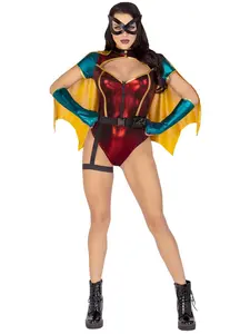 Sultry Sidekick Costume - 5 Piece Set with Shimmer Bodysuit Detachable Cape Belt Garter Gloves & Face Mask for Women's Halloween Party