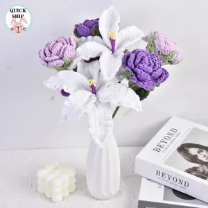 6Pcs White Lily and Rose Flowers - Handmade Crochet Bouquet  - Perfect Gift for Wife, Mom,Holiday