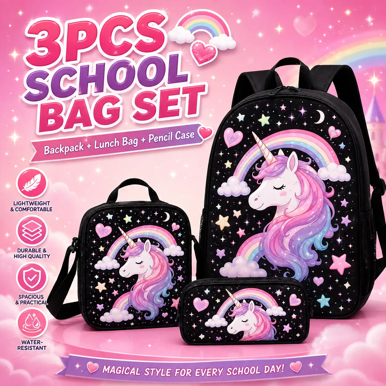 Unicorn Rainbow Backpack Set, 3-piece school bag set with lunch bag & pencil case, large-capacity lightweight backpack, available as a complete set or as individual items: backpack/lunch bag/pencil case