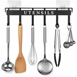 Wall Mount Kitchen Utensil Holder Organizer Rack Rail with 6 Hooks Space Saving No Drilling Black Adhesive Hanger for Cooking Utensils