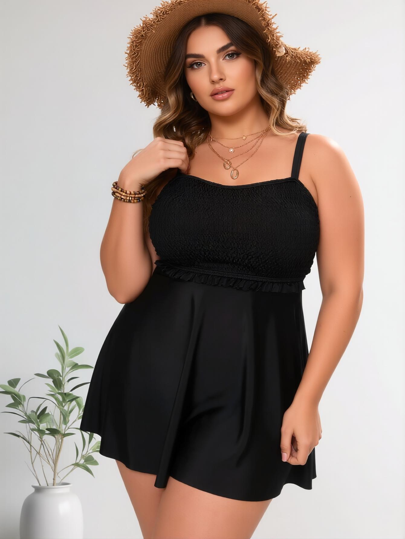 Plus Size Swimsuit with Pockets 1XL-4XL | Black Smocked Skirted One Piece Tummy Control Spring Break 2026 Casual Womenswear Dress Summer Basic Sleeveless