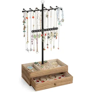 Organizer Stand, 3-Tier Necklace Holder  Tree with Wooden Storage Drawer Box for Necklace Bracelet Earring Ring, Carbonized Black