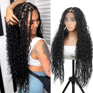 Supernova Braided Wig Box Boho Braided Full Lace Knotless Goddess Locs Wig With Curly Ends Square Part Braided Lace Wig