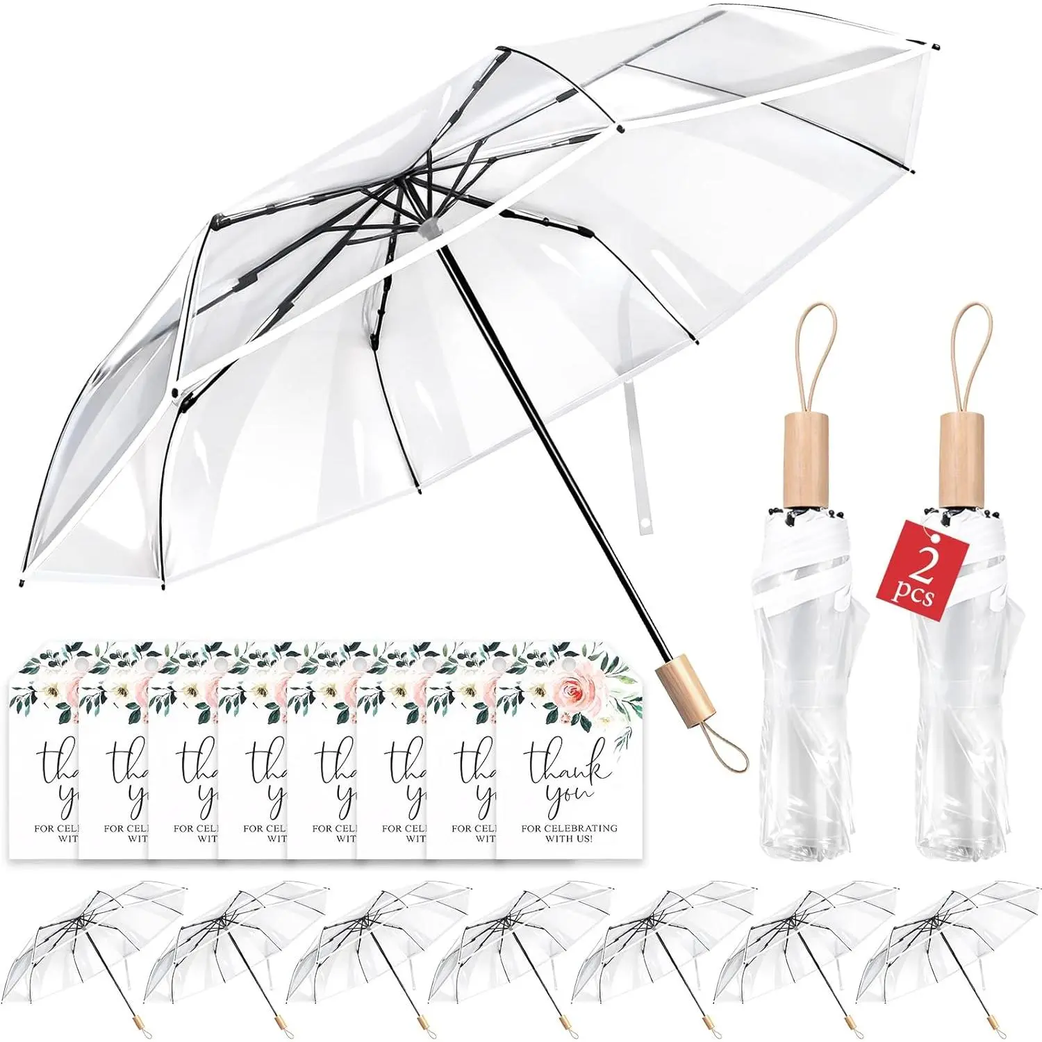 Clear Wedding Umbrellas with Thank You Cards – Transparent Folding Umbrella for Wedding Decoration, Windproof & Rainproof for Bridal Shower, Wedding Bride Groom Photography
