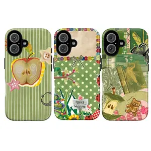 Whimsical Fairy Garden Apple & Lady Bug Phone Case Vintage Collage Aesthetic – Green Polka Dot Nature Kawaii Ladybug Phone Cover for iPhone, Whimsical Style for iPhone 11, 12, 13, 14, 15, 16, 17, Perfect Gift for Her