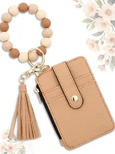 Boho Style Beaded Wristlet Card Wallet, Zipper PU Leather Card Holder with Keyring, Daily Commute Essential