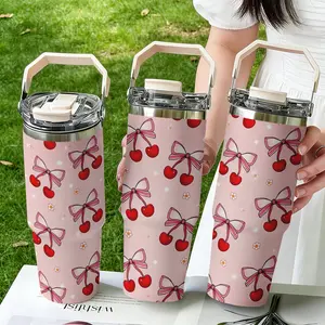 30oz Stainless Steel Handheld Mug, Cherry Bow Print Design, Dual-Layer Vacuum Insulated Cold & Hot, Portable Travel Cup Gift