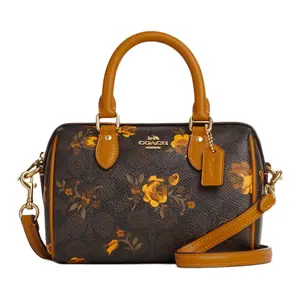 Coach Rowan 18 Floral Print Coated Canvas Bowling Bag, Small Handbag for Women in Walnut