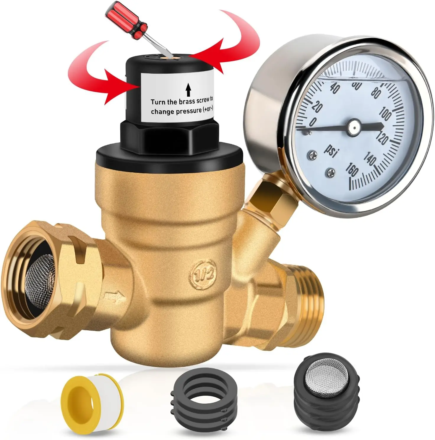 Portable Adjustable Lead-Free Brass RV Water Pressure Regulator (0-160 psi Max) - Oil-Filled Gauge, Plumbing Fitting, Inlet, Hardware Tool, Hose, Screwdriver for RV Campers, Garden Pressure Measuring Instrument