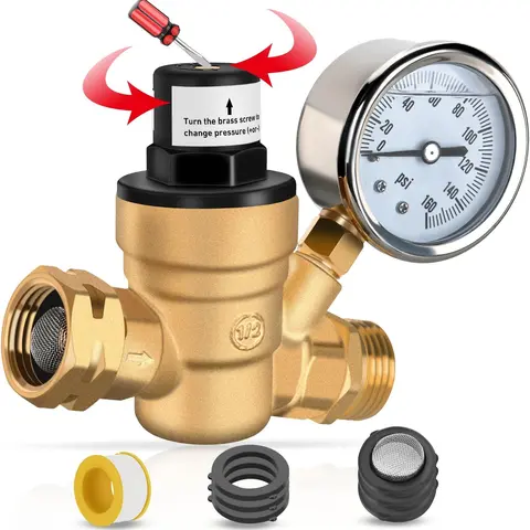 Lead-Free Brass Portable Adjustable RV Water Pressure Regulator - 45psi Preset Safe, 0-160psi Max, Oil-Filled Gauge, 3/4" Hose Female Inlet, Clog-Stop Filter, Seal Tape, Screwdriver, Plumbing Fitting for RV Campers, Travel Accessories, Garden Instrument