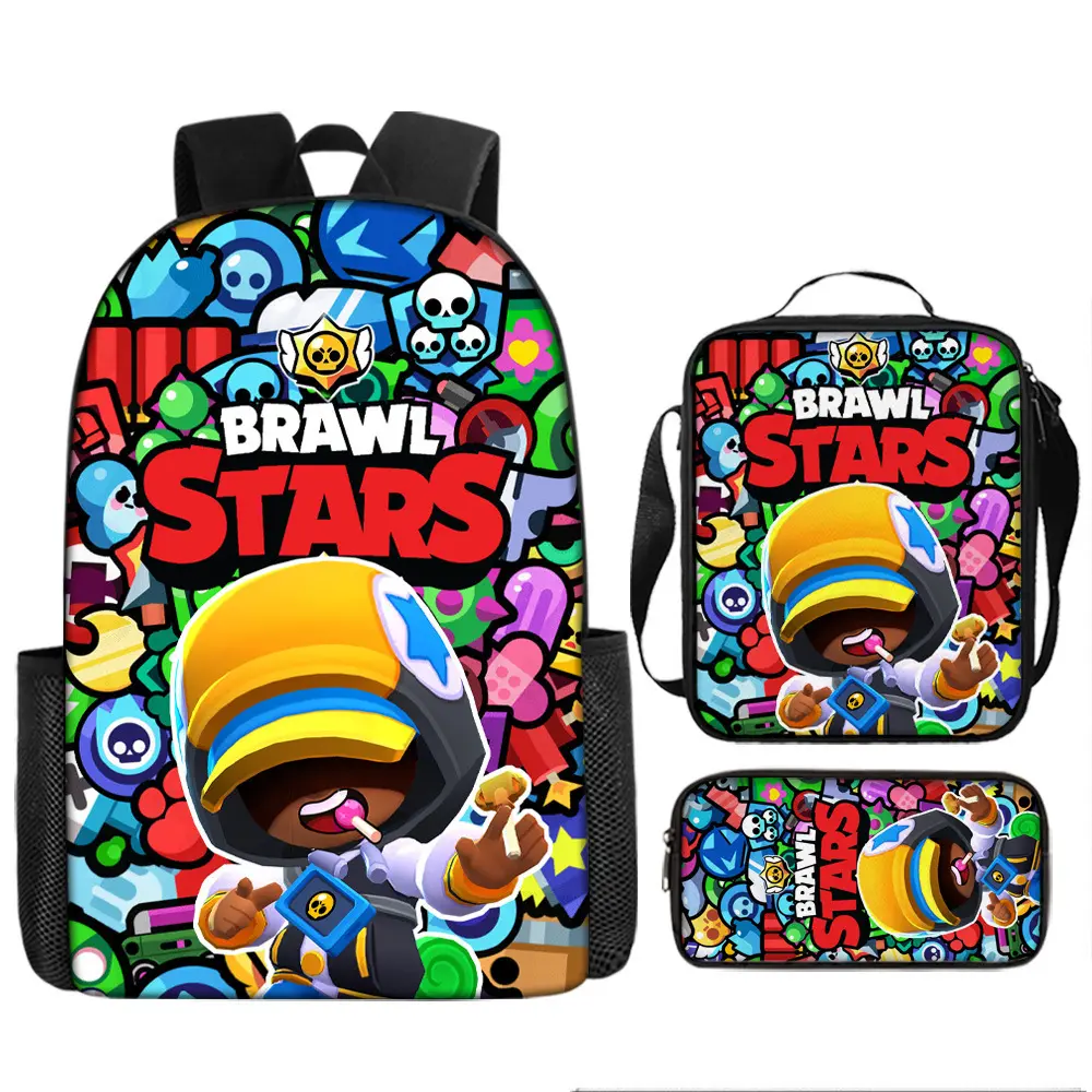 New< Brawl Star>   Gaming backpack, cartoon backpack, large-capacity three-piece set (including pencil case)
