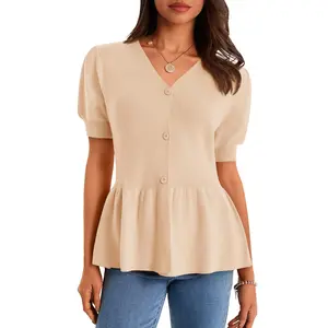 Cicy Bell Womens Short Puff Sleeve Sweater Cardigan V Neck Summer Button Down Sweaters Peplum Cute Knit Babydoll Tops