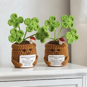 Handmade Yarn Crochet Emotional Support Potted Plant - Forever Knitted Mini Flower Pot with Cactus, Lily, Cute Positive Affirmation Desk Decoration, Unique Cheer Up Gift for Friends, Anxiety Relief Aesthetic Room Ornament Bouquet table decor