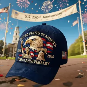 Unisex Patriotic Baseball Cap for USA 250th Anniversary, Polyester-Acrylic Lightweight Soft Breathable Fabric, Structured Fit, Bald Eagle Motif, 50 Stars-13 Stripes Design
