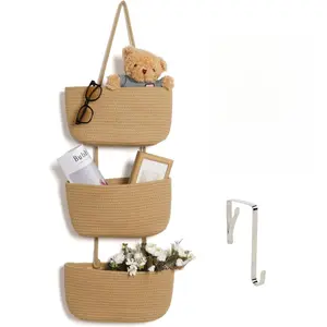 Over The Door Organizer Hanging Basket, 3-Tier Woven Cotton Wall-Mounted Nursery Storage Organizer Bag Boho Decorative Hanging Nursery Baskets for Living Room Bedroom - brown