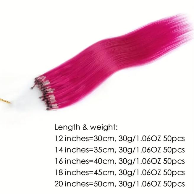 50pcs 30g Micro Loop Human Hair Extensions, Natural Straight, No Glue Easy Install, Vibrant Red Pink Green Blue Purple Gray, 12-28 Inches for Women Daily & Festive Hairstyles