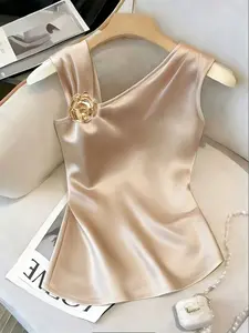 Women's Summer New Elegant Chic Fashion Versatile Commute Solid Asymmetrical Design Knit Satin Sleeveless Top, Stylish and Comfortable