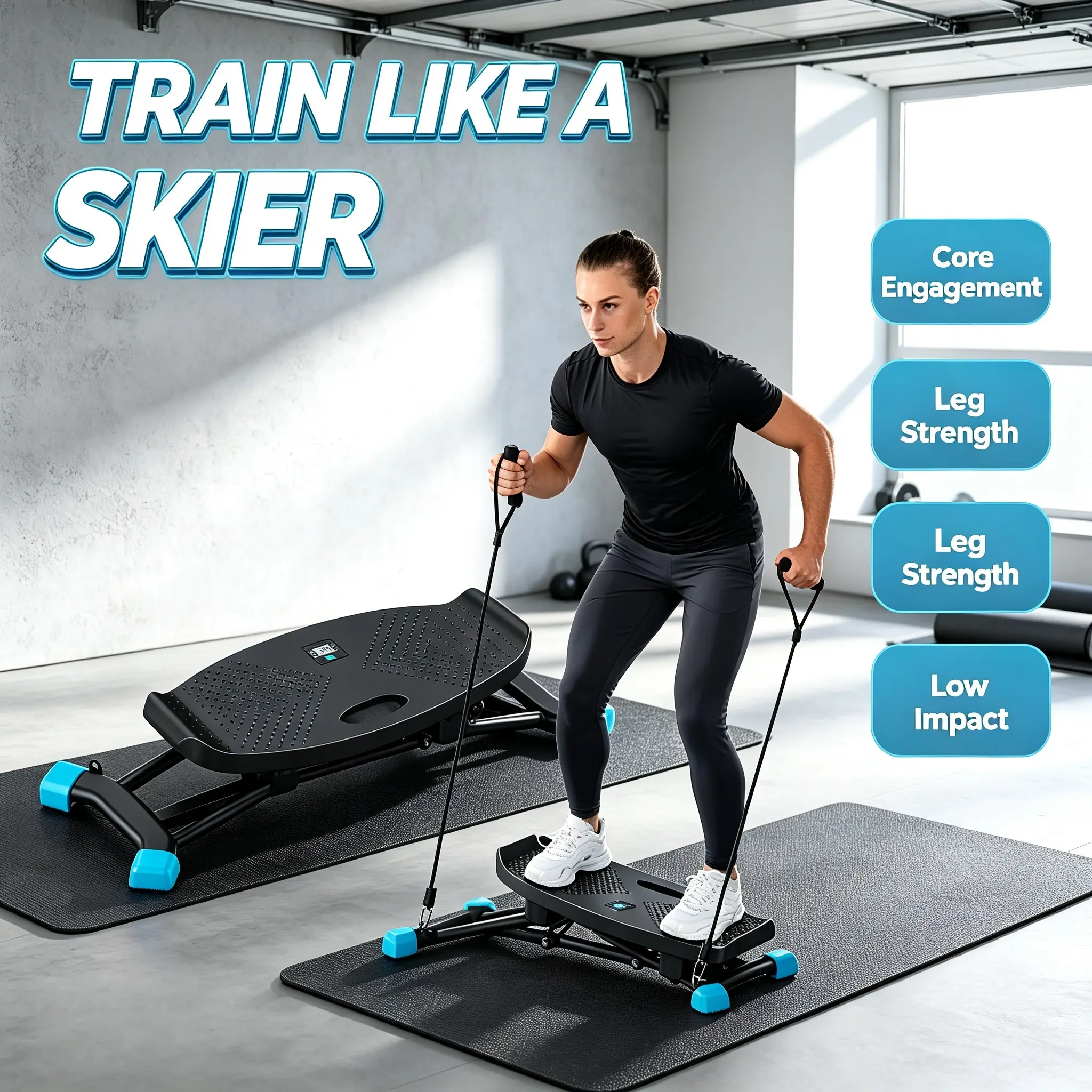 Compact Home Ski Fitness Trainer, Indoor Simulated Ski Workout Machine with Adjustable Resistance Ropes and Digital Display, Silent Home Gym Equipment, Black & White-Pink Color Choices for Full Body Daily Training stepper stair bridge glute, Home Workouts