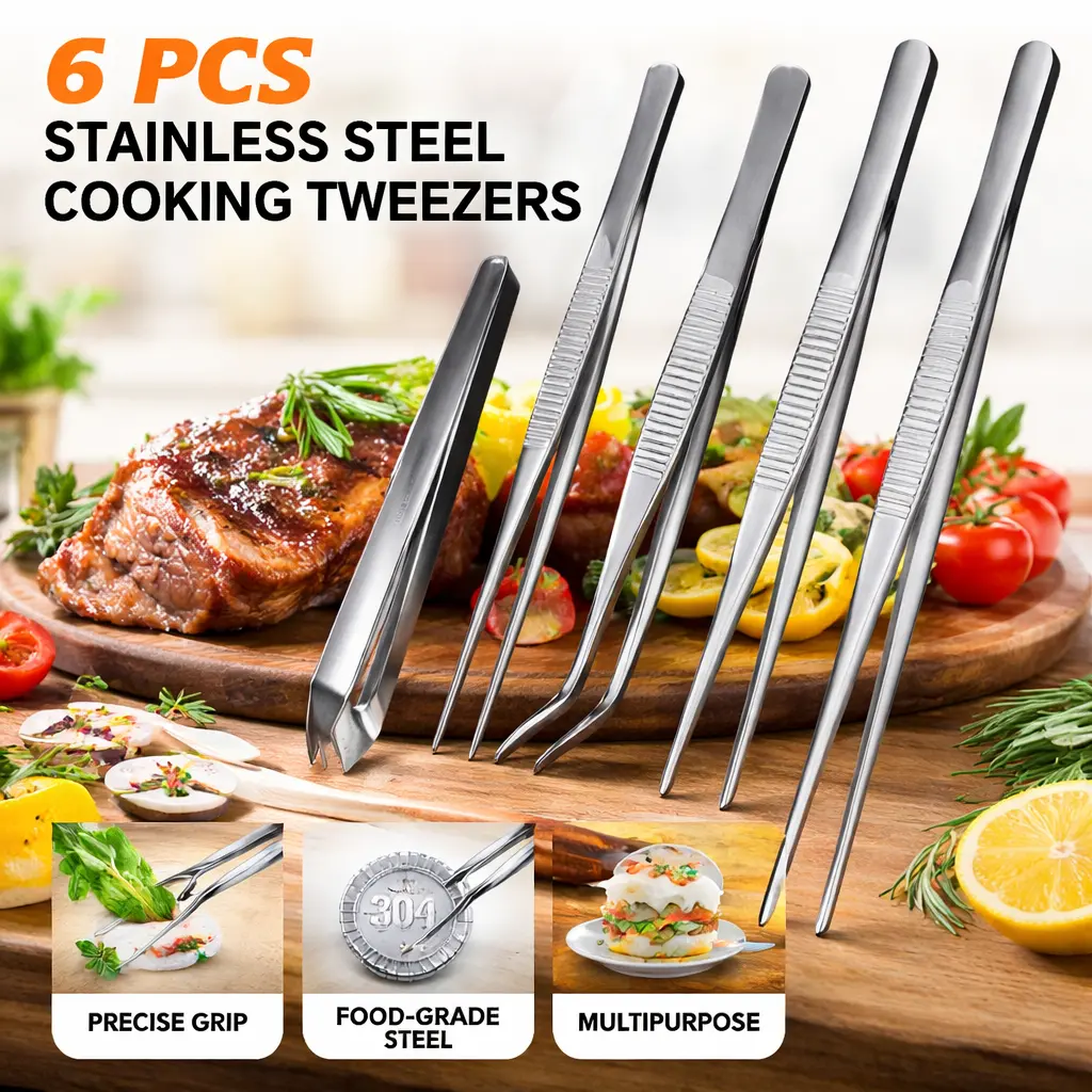 6 Pcs Food-Grade Stainless Steel Cooking Tweezers Set - 12" Long Multipurpose Chef Kitchen Tongs for BBQ, Plating, Decorating with Precise Grip