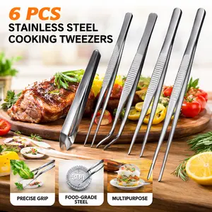 6 Pcs Stainless Steel Cooking Tweezers – Long Chef Tongs for BBQ, Seafood, Plating, Repairing – Kitchen Multi-Use Tool