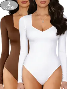1/2 Counts Women's Solid Color Square Neck Long Sleeve Sleek Fit Essential Bodysuit, Cozy Thermal Basic Tops, Soft Minimalist Jumpsuit, Premium Flattering Cut Womenswear, Perfect for Daily Commute Or Weekend Outings