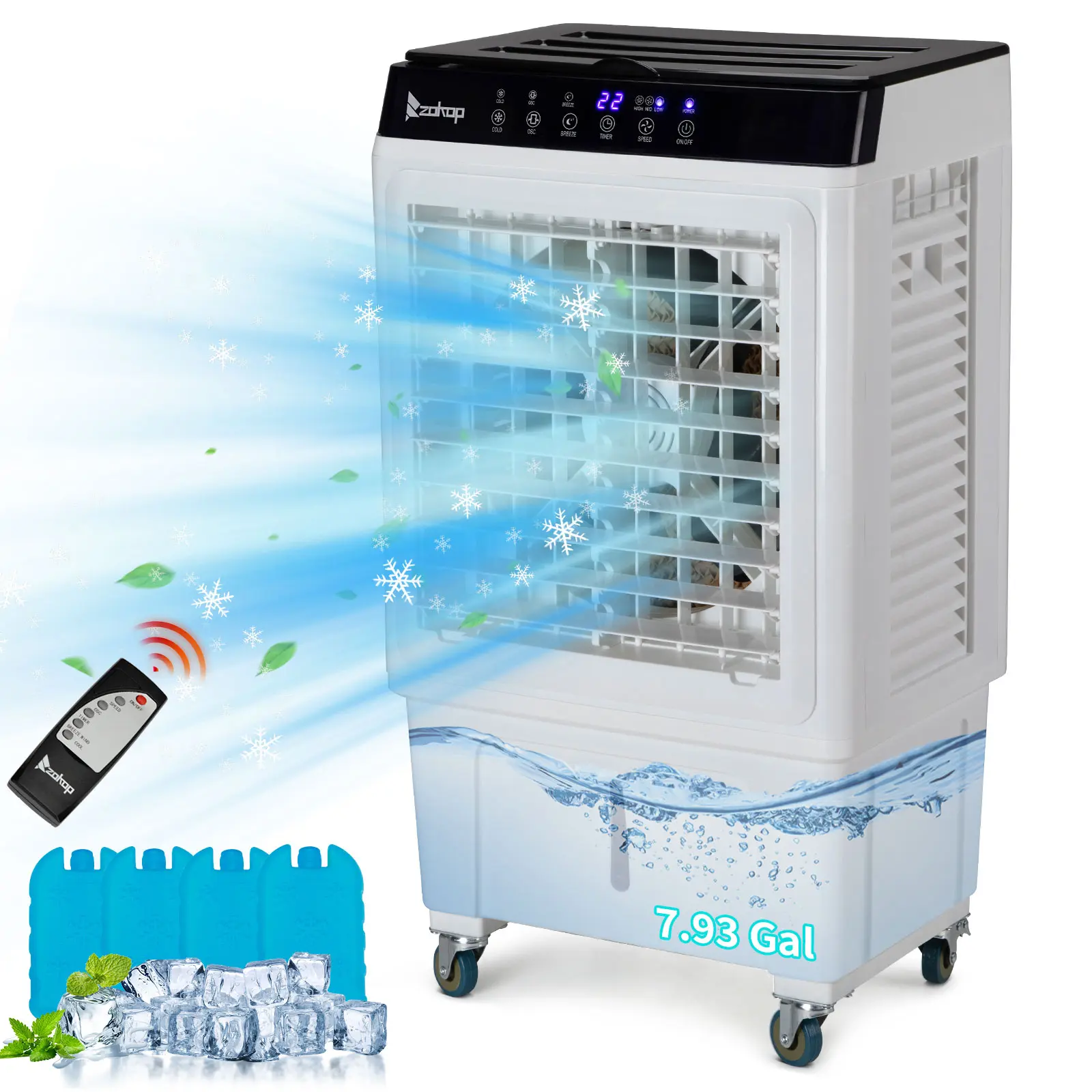 5.28/7.93/10.57/13.2Gal Portable Swamp Cooler, 461-4118CFM Evaporative Air Cooler with Auto Oscillating, Remote Control, 3 Speeds, 12H Timer, 4 Ice Packs, 3-IN-1 Humidifying Cooling Fan for Indoor, Outdoor Patio, Garage, Swamp Coolers