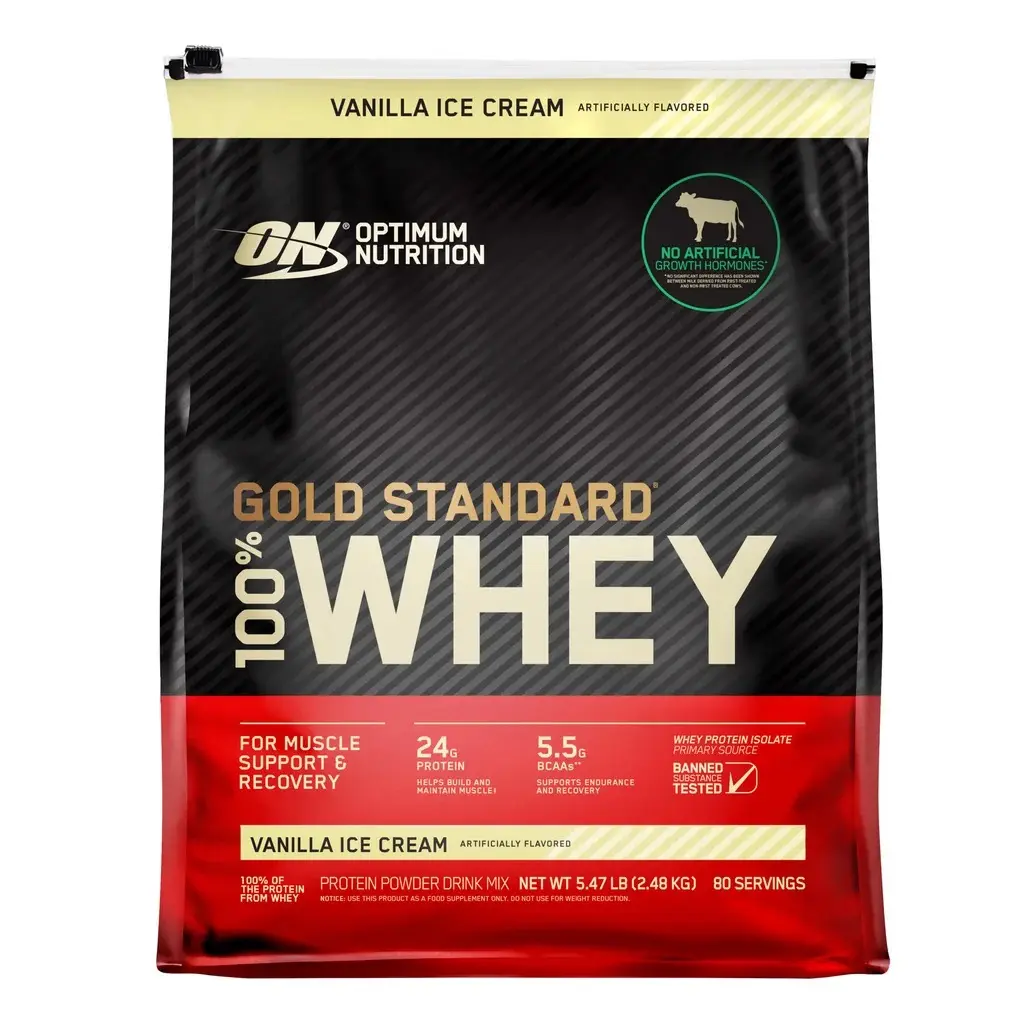 OPTIMUM NUTRITION Gold Standard 100% Whey Protein Powder, Vanilla Ice Cream Flavor, 5.47lbs, 80 Servings, BCAA-Rich Amino Protein Supplement, Stimulant-Free Recovery Support for Muscle Health - Dietary Aid, Amino Protein Supplements, Recovery Protein Supp
