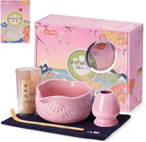 Gradient 5-Piece Japanese Ceramic Tea Set with Spout Matcha Bowl, Bamboo Whisk (Ceramic Holder), Bamboo Scoop and Sifter - Kitchen Tea-Making Tool for Ceremony, Gift for Matcha Lovers (Pink)