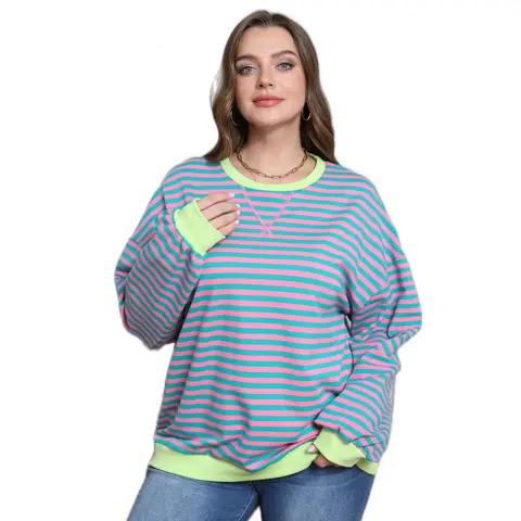 Women's Striped Oversized Loose Ribbed Cotton Crewneck Pullover Sweatshirt - 2025 Fall Trendy Plus Size Long-Sleeve Shirt, Breathable Spandex Fabric, Comfortable Casual Shorts-Compatible Top for School, Going Out