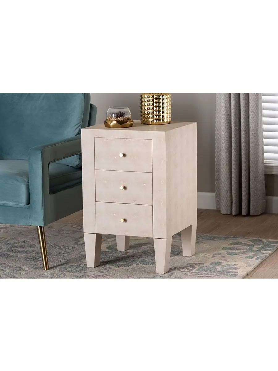 Baxton Studio Leyna Modern Beige Faux Shagreen 3-Drawer End Table - 1 End Table, Brass Minimalist Knobs, Tapered Legs, Granular Texture, Fully Assembled, Living Room Side Option, Wipe Clean
