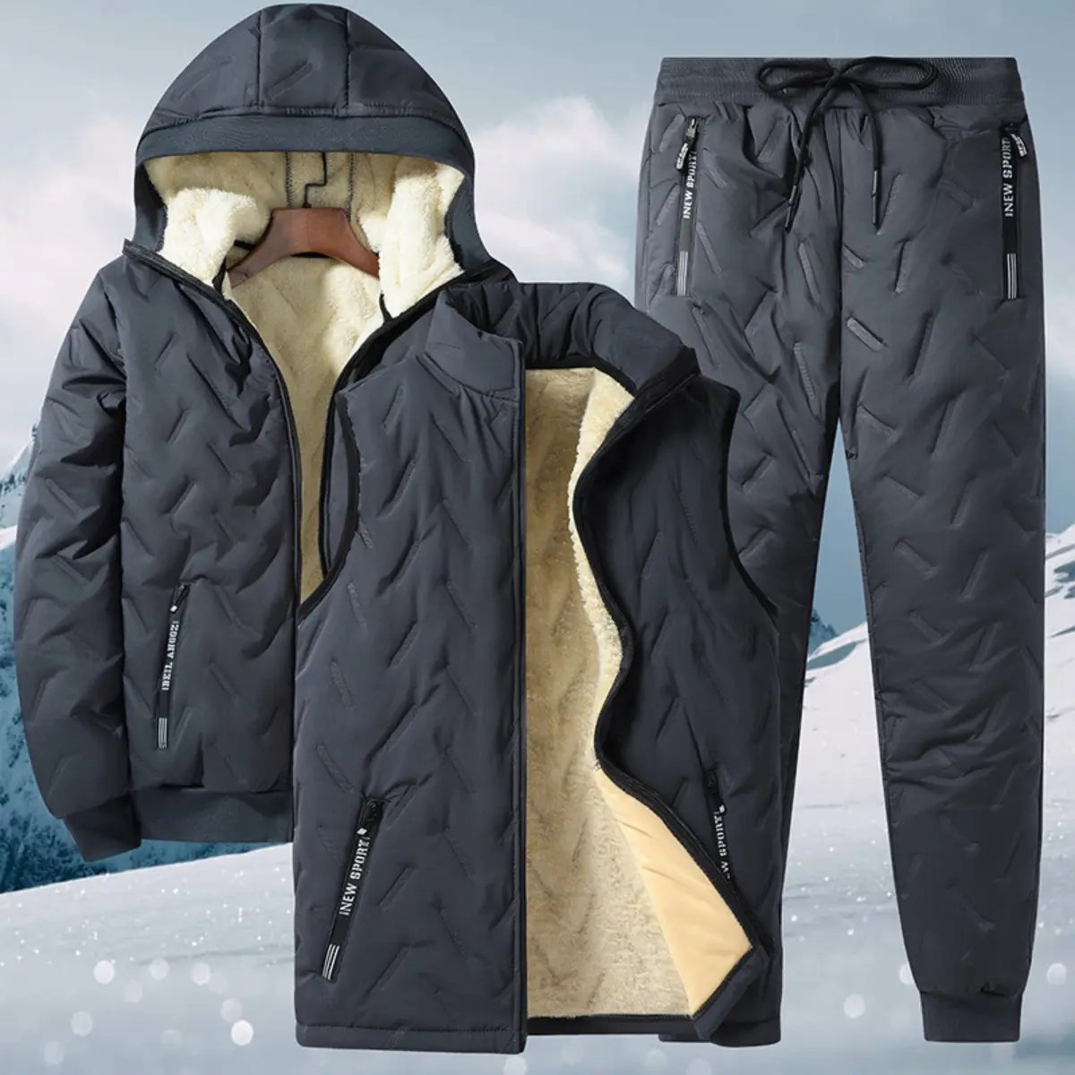 Men's Casual Quilted Tracksuit Set, 3-Piece Fleece-Lined Winter Outfit with Hooded Long Sleeve Jacket, Vest, and Pants, Coat, Three-Piece Suit