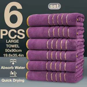 6pc Luxury Coral Fleece Towel Set, Premium Bath Towels, 6 Large Towels 50x90cm, 300gsm, Super Soft, Highly Absorbent, Fast Drying, Gold Embroidery