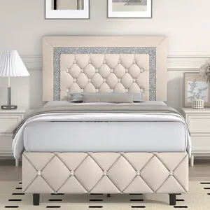 Modern Upholstered Bed Frame with Diamond Headboard & Footboard, No Box Spring Needed, Easy Assembly, Bed Frames in Black, Grey, Pink, Purple, White, Beige, Green, Twin, Full, Queen, King Sizes