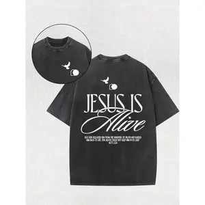 Vintage Washed Black Christian Faith Streetwear T-Shirt with Jesus Is Alive Quote, Dove Symbol & Acts 2:24 Bible Verse, Oversized Grunge Religious Aesthetic Unisex Casual Tee